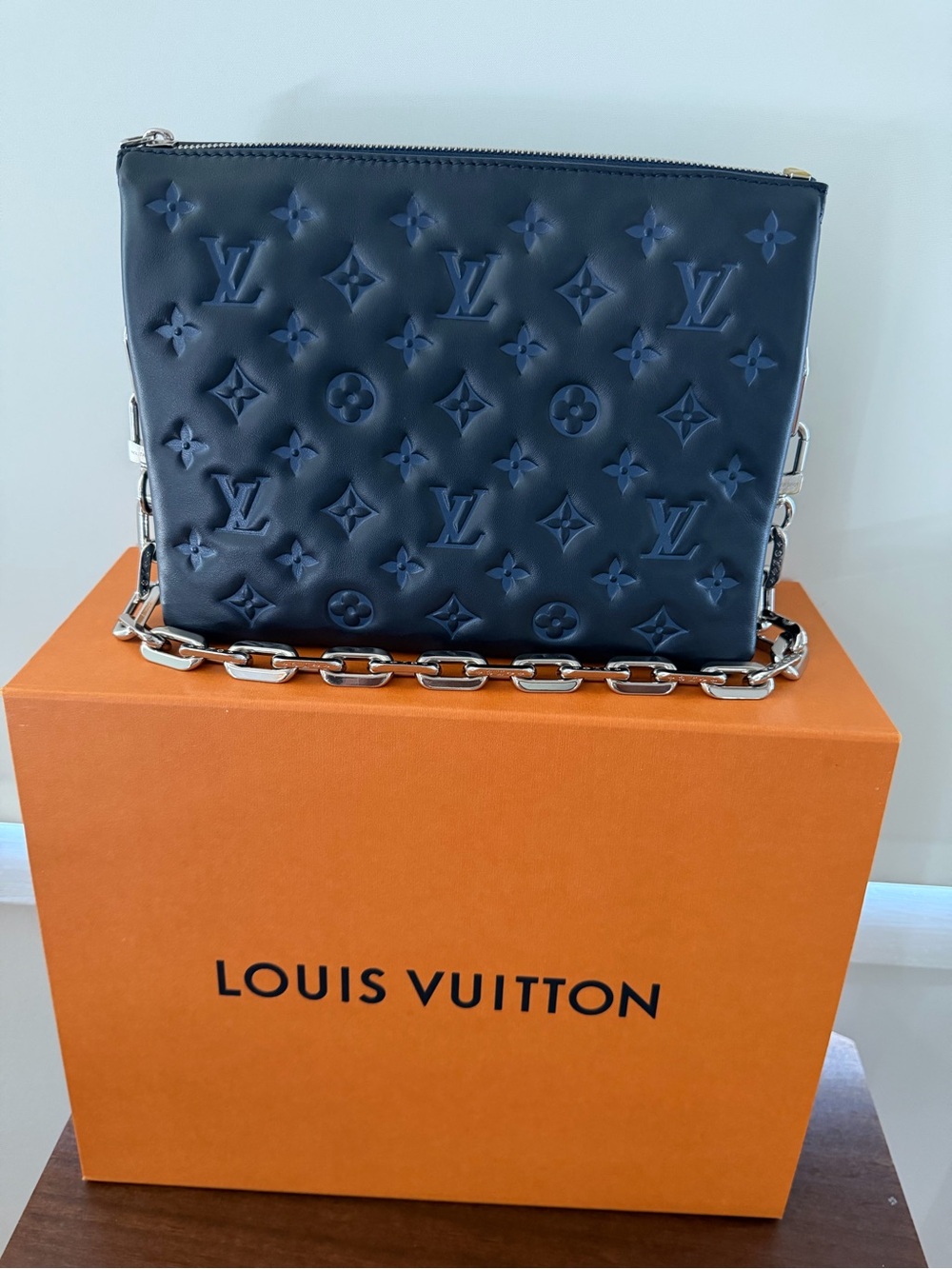Louis Vuitton Navy Embossed Monogram Crossbody with Chunky Silver Chain